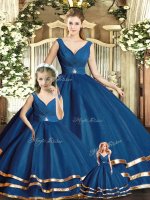 Great V-neck Sleeveless Quince Ball Gowns Floor Length Beading and Ruffled Layers Navy Blue Tulle