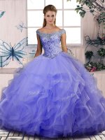 Lavender Ball Gowns Beading and Ruffles Quinceanera Gowns Lace Up Tulle Sleeveless Floor Length(SKU SJQDDT2073002-2BIZ)