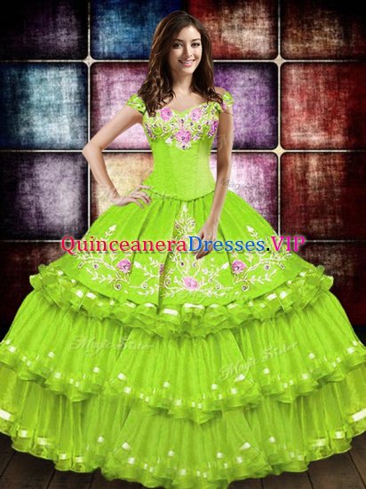 Yellow Green Lace Up Off The Shoulder Embroidery and Ruffled Layers Military Ball Dresses Taffeta Sleeveless - Click Image to Close