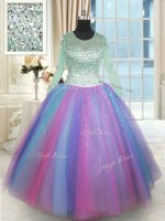 Scoop Multi-color Ball Gowns Beading Quinceanera Dress Lace Up Tulle Long Sleeves Floor Length