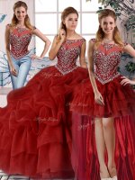 Unique Wine Red Zipper Sweet 16 Dresses Beading and Pick Ups Sleeveless Brush Train