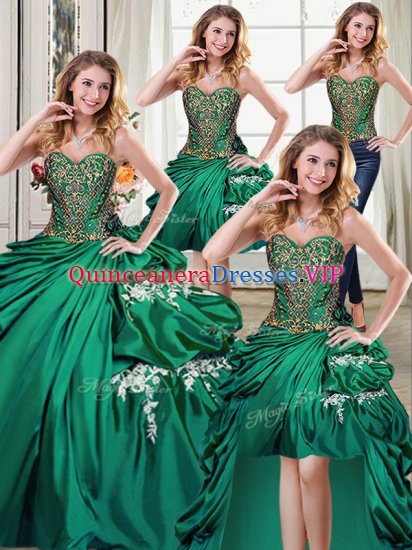 Free and Easy Four Piece Floor Length Lace Up Sweet 16 Dresses Dark Green for Military Ball and Sweet 16 and Quinceanera with Beading and Appliques and Pick Ups - Click Image to Close
