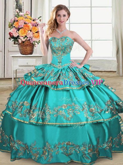 Aqua Blue Ball Gowns Sweetheart Sleeveless Satin and Organza Floor Length Lace Up Embroidery and Ruffled Layers Quinceanera Dresses - Click Image to Close