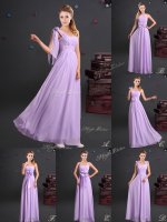 Fine Lavender Empire Chiffon One Shoulder Sleeveless Ruching and Bowknot and Hand Made Flower Floor Length Zipper Court Dresses for Sweet 16