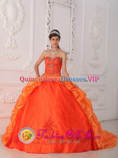 Camborne Cornwall Unique Customize Orange Red Sweetheart Strapless Floor-length Quinceanera Dress With Beading and Appliques Taffeta - Click Image to Close