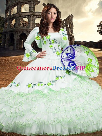 High End Long Sleeves Organza Floor Length Lace Up Military Ball Dresses For Women in White with Embroidery and Ruffled Layers - Click Image to Close