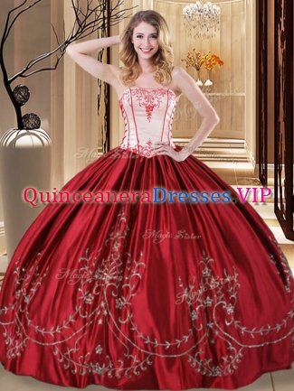 Graceful Wine Red Taffeta Lace Up Strapless Sleeveless Floor Length Quinceanera Dress Embroidery