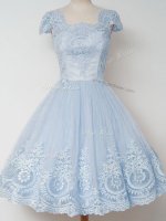 Knee Length Zipper Court Dresses for Sweet 16 Light Blue for Prom and Party and Wedding Party with Lace