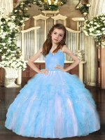 Floor Length Aqua Blue Little Girl Pageant Dress Straps Sleeveless Lace Up