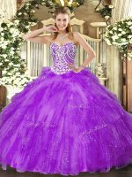 Sumptuous Tulle Sweetheart Sleeveless Lace Up Beading and Ruffles Quince Ball Gowns in Lavender