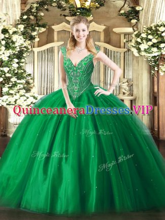 High Quality Tulle V-neck Sleeveless Lace Up Beading Quinceanera Dress in Green