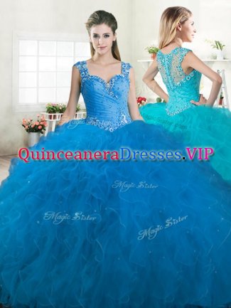 Straps Tulle Sleeveless Floor Length Sweet 16 Dresses and Beading and Ruffles