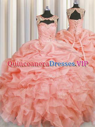 Great Baby Pink Ball Gowns Scoop Sleeveless Organza Floor Length Lace Up Beading and Pick Ups 15 Quinceanera Dress