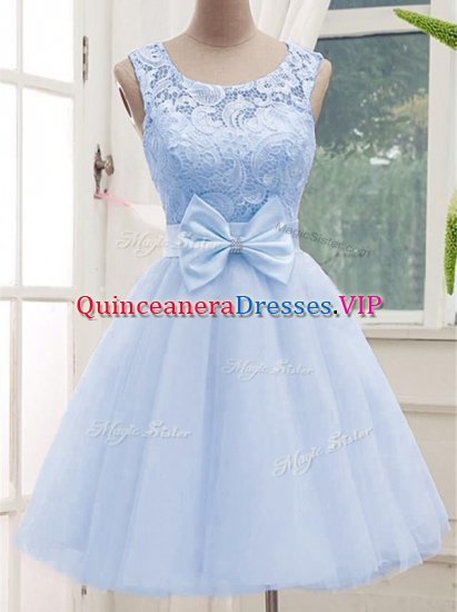 Traditional Scoop Sleeveless Vestidos de Damas Knee Length Lace Lavender Tulle - Click Image to Close