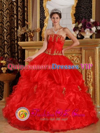 Aalen Germany Wholesale Ruffles Appliques Corset Decorate Quinceanera Gowns Red Organza Strapless For Sweet 16
