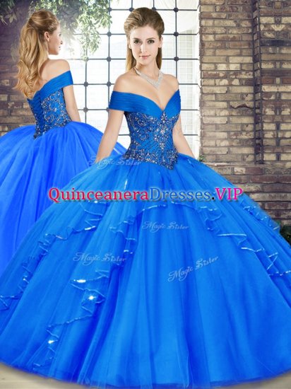 Simple Floor Length Lace Up Quinceanera Dresses Royal Blue for Military Ball and Sweet 16 and Quinceanera with Beading and Ruffles - Click Image to Close