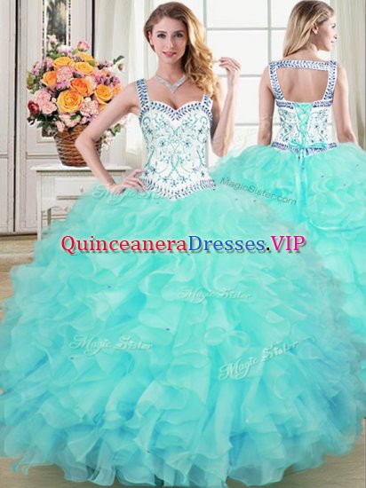 Aqua Blue Lace Up Straps Beading and Lace and Ruffles Vestidos de Quinceanera Organza Sleeveless - Click Image to Close