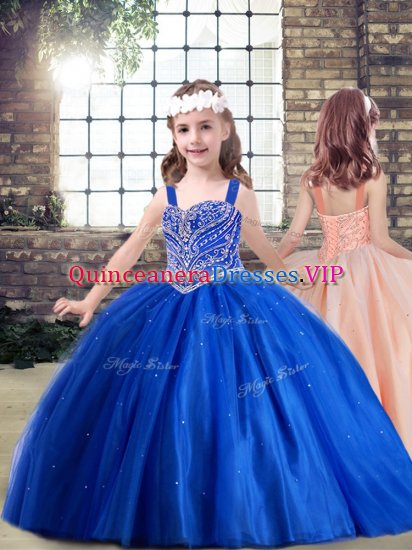 Royal Blue Tulle Lace Up Pageant Dress Sleeveless Floor Length Beading - Click Image to Close