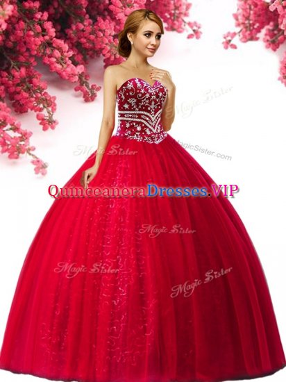 Red Tulle Lace Up Sweetheart Sleeveless Floor Length Casual Dresses Beading - Click Image to Close