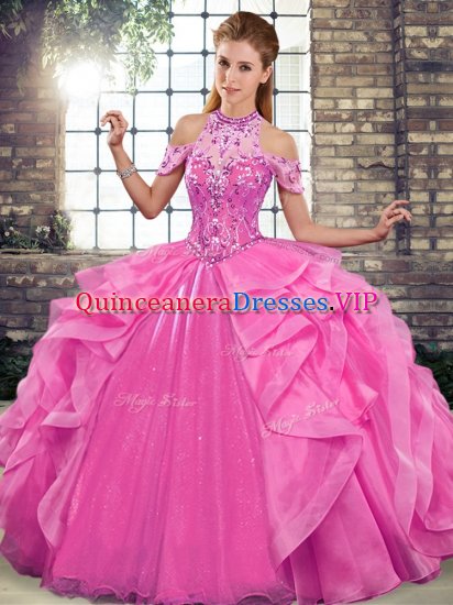 High End Rose Pink Lace Up Quinceanera Dress Beading and Ruffles Sleeveless Floor Length - Click Image to Close