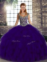 Organza Straps Sleeveless Lace Up Beading and Ruffles 15 Quinceanera Dress in Purple