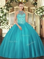 On Sale Sleeveless Floor Length Beading Lace Up 15th Birthday Dress with Teal