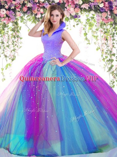 Trendy Multi-color Backless High-neck Beading Ball Gown Prom Dress Satin and Tulle Sleeveless - Click Image to Close
