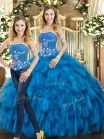 Customized Blue Two Pieces Tulle Strapless Sleeveless Beading and Ruffles Floor Length Lace Up Vestidos de Quinceanera