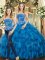 Customized Blue Two Pieces Tulle Strapless Sleeveless Beading and Ruffles Floor Length Lace Up Vestidos de Quinceanera
