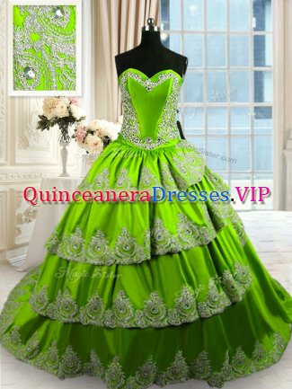 Green Quinceanera Gown Military Ball and Sweet 16 and Quinceanera with Beading and Appliques and Ruffled Layers Sweetheart Sleeveless Court Train Lace Up