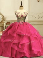 Excellent Scoop Sleeveless Lace Up Ball Gown Prom Dress Hot Pink Organza
