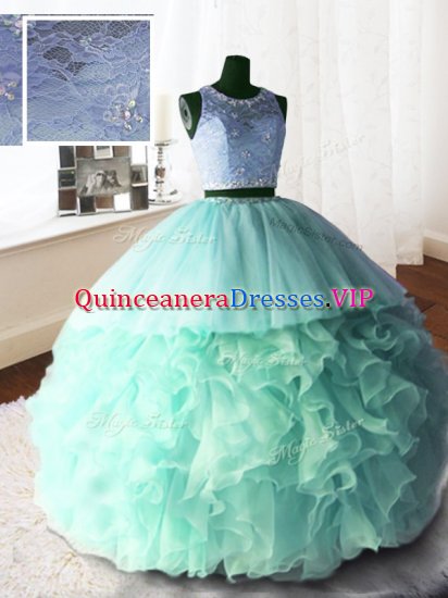 Scoop Apple Green Sleeveless Brush Train Beading and Lace and Ruffles With Train Quinceanera Dresses - Click Image to Close