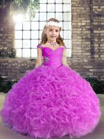 Lilac Fabric With Rolling Flowers Lace Up Pageant Dress for Teens Sleeveless Floor Length Beading and Ruching