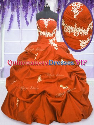 Floor Length Lace Up Quinceanera Gown Orange Red for Military Ball and Sweet 16 and Quinceanera with Appliques and Pick Ups