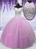 Excellent Off the Shoulder Floor Length Lilac Quinceanera Dress Tulle Short Sleeves Beading