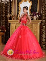 Gorgeous Halter Tulle Ball Gown Coral Red Haverhill Massachusetts/MA Quinceanera Gowns With delicate Appliques(SKU QDZY141J8BIZ)