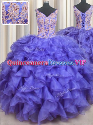 Blue Ball Gowns V-neck Sleeveless Organza Floor Length Lace Up Appliques and Ruffles Sweet 16 Dresses