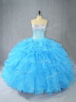 Graceful Aqua Blue Lace Up Sweet 16 Dress Beading and Ruffles Sleeveless Floor Length