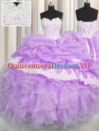 Fantastic Sweetheart Sleeveless Quinceanera Dress Floor Length Beading and Appliques and Ruffles and Pick Ups Lilac Organza