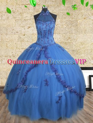 Halter Top Blue Sleeveless Floor Length Beading Lace Up Quinceanera Dress