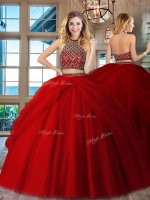 Shining Sleeveless Tulle Floor Length Backless Sweet 16 Quinceanera Dress in Red with Beading