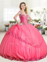 Free and Easy Halter Top Hot Pink Lace Up Quinceanera Gowns Beading and Appliques Sleeveless Floor Length
