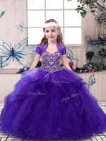 Most Popular Tulle Straps Sleeveless Lace Up Beading Little Girls Pageant Dress Wholesale in Purple