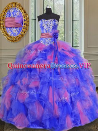 Multi-color Sleeveless Beading and Appliques and Ruffles and Sashes ribbons and Hand Made Flower Floor Length 15 Quinceanera Dress