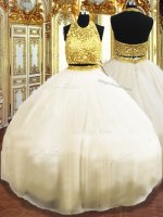 Halter Top Sleeveless Tulle Quinceanera Dresses Beading Zipper