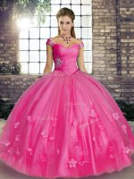 Superior Hot Pink Tulle Lace Up Quinceanera Gown Sleeveless Floor Length Beading and Appliques