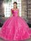 Superior Hot Pink Tulle Lace Up Quinceanera Gown Sleeveless Floor Length Beading and Appliques