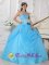 Tomahawk Wisconsin/WI Fashionable Aqua Blue Quinceanera Dress With Strapless Neckline Flowers Decorate On Organza