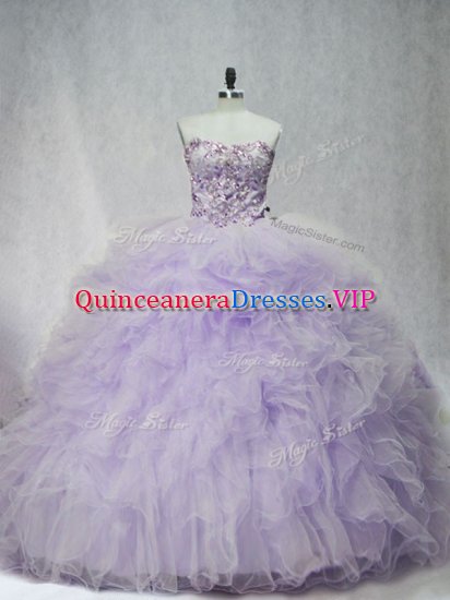 Fabulous Lavender Tulle Lace Up Sweetheart Sleeveless Vestidos de Quinceanera Brush Train Ruffles - Click Image to Close