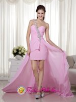 El Jaguel Argentina High-low Chiffon Beading Decorate Column / Sheath Pink Modest Quinceanera Dama Dress With One Shoulder(SKU MLXN161BIZ)